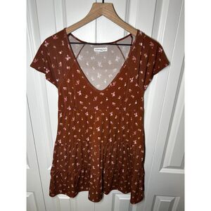 Aeropostale Floral V-Neck Tiered Babydoll Mini Dress Rust Brown Size M